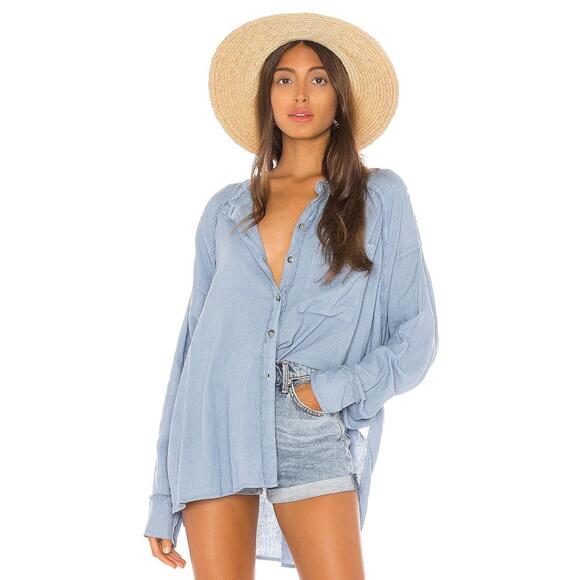 Free People Tops - Free People Women's Blue Keep It Simple Button Down Linen Blend Shirt Size S